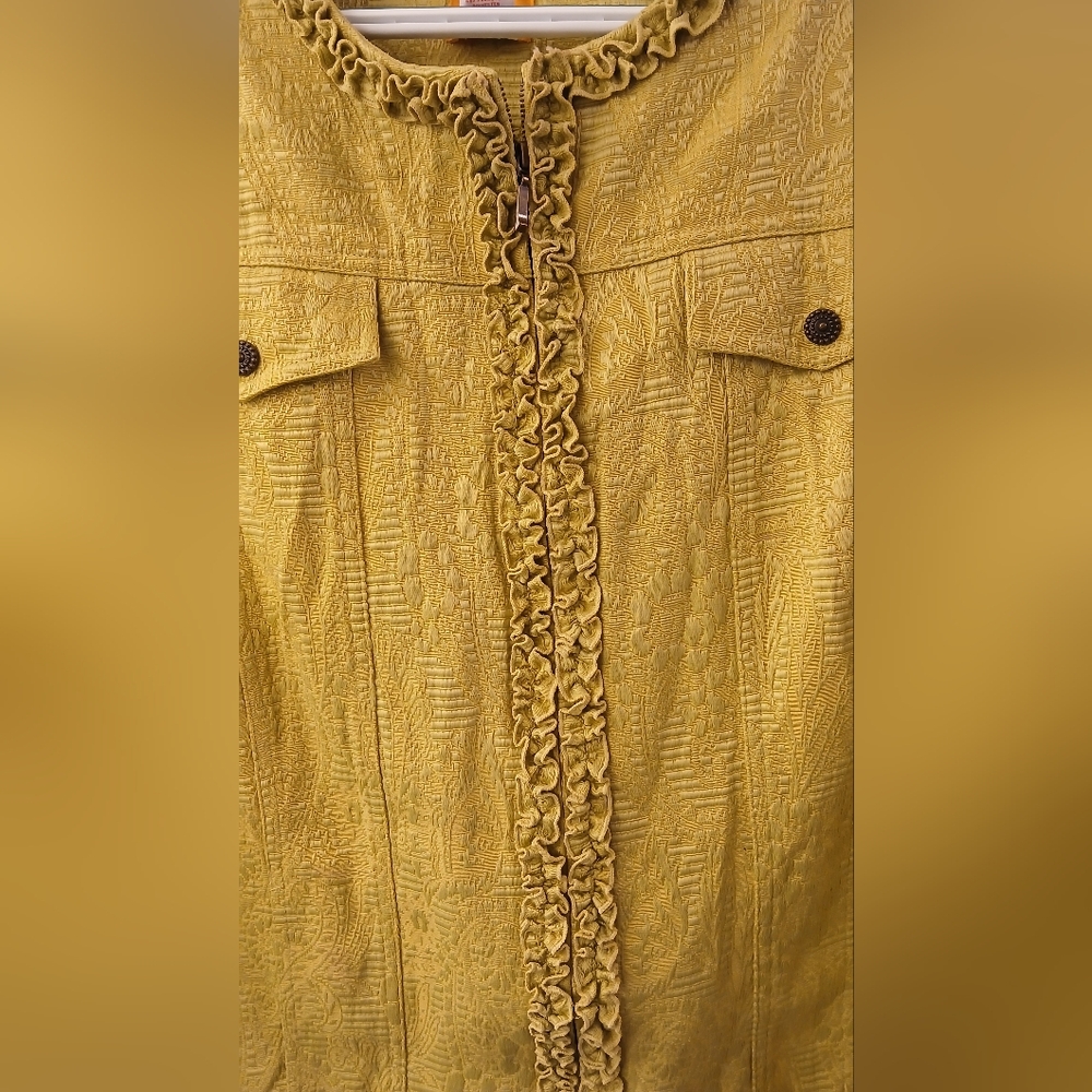 Ruby Rd Ruffle Front Jacket – Size 22W – Chartreuse Brocade‑Style Fabric - Picture 5 of 8